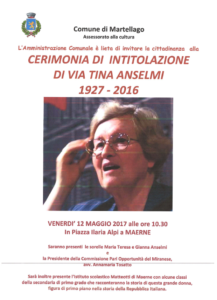 Invito alla cerimonia di intitolazione di via Tina Anselmi